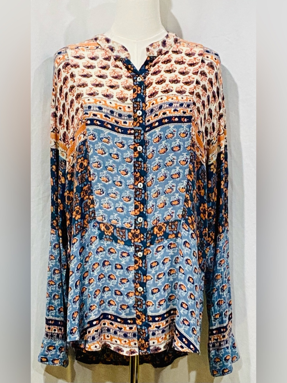 Free People Blue and OrangeFloral Patchwork Pattern Button-Down Boho Shirt Sz.M